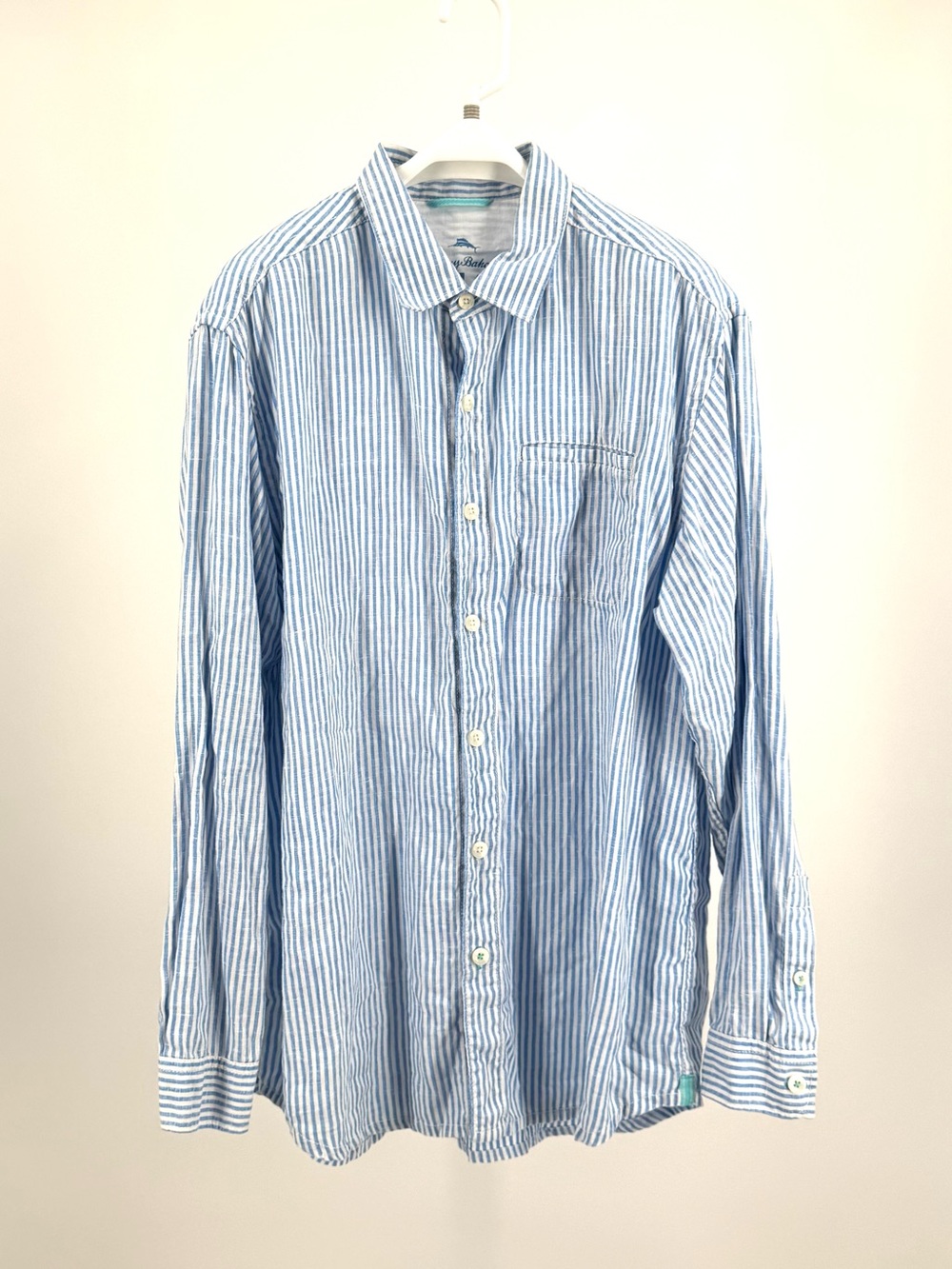 Tommy Bahama Relax Men’s Linen Blue White Striped Shirt Front Pocket Size L